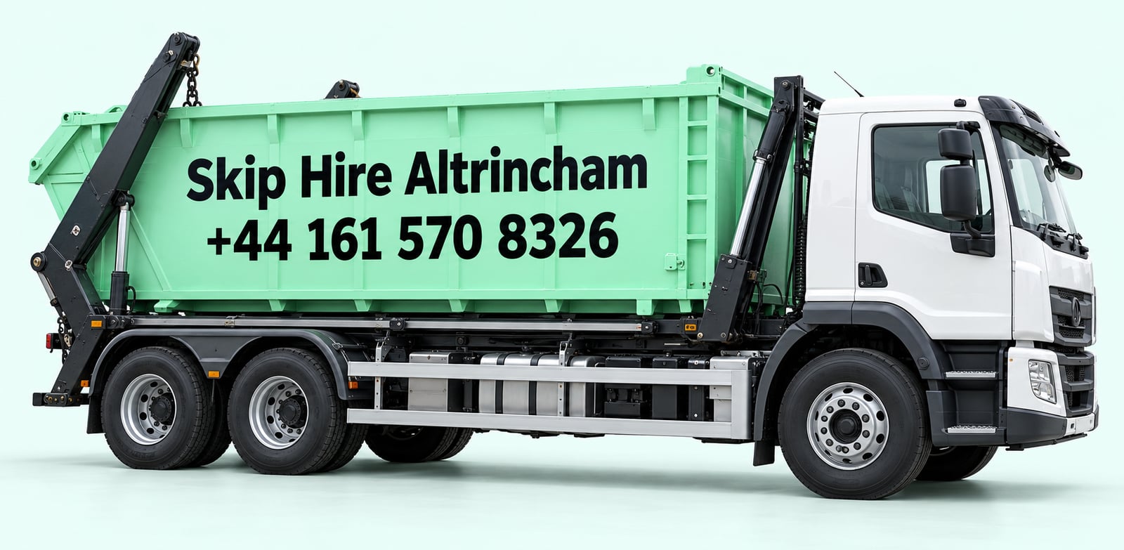 Illustration of a mint-green skip lorry signed Skip Hire Altrincham, +44 161 570 8326
