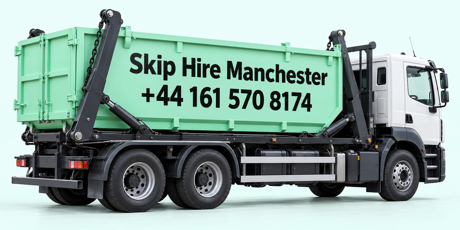Illustration of a mint-green skip lorry signed Skip Hire Manchester, +44 161 570 8174